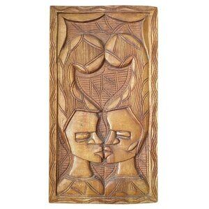 Vintage Large Carved Mahogany Wall Plaque Two People Kissing